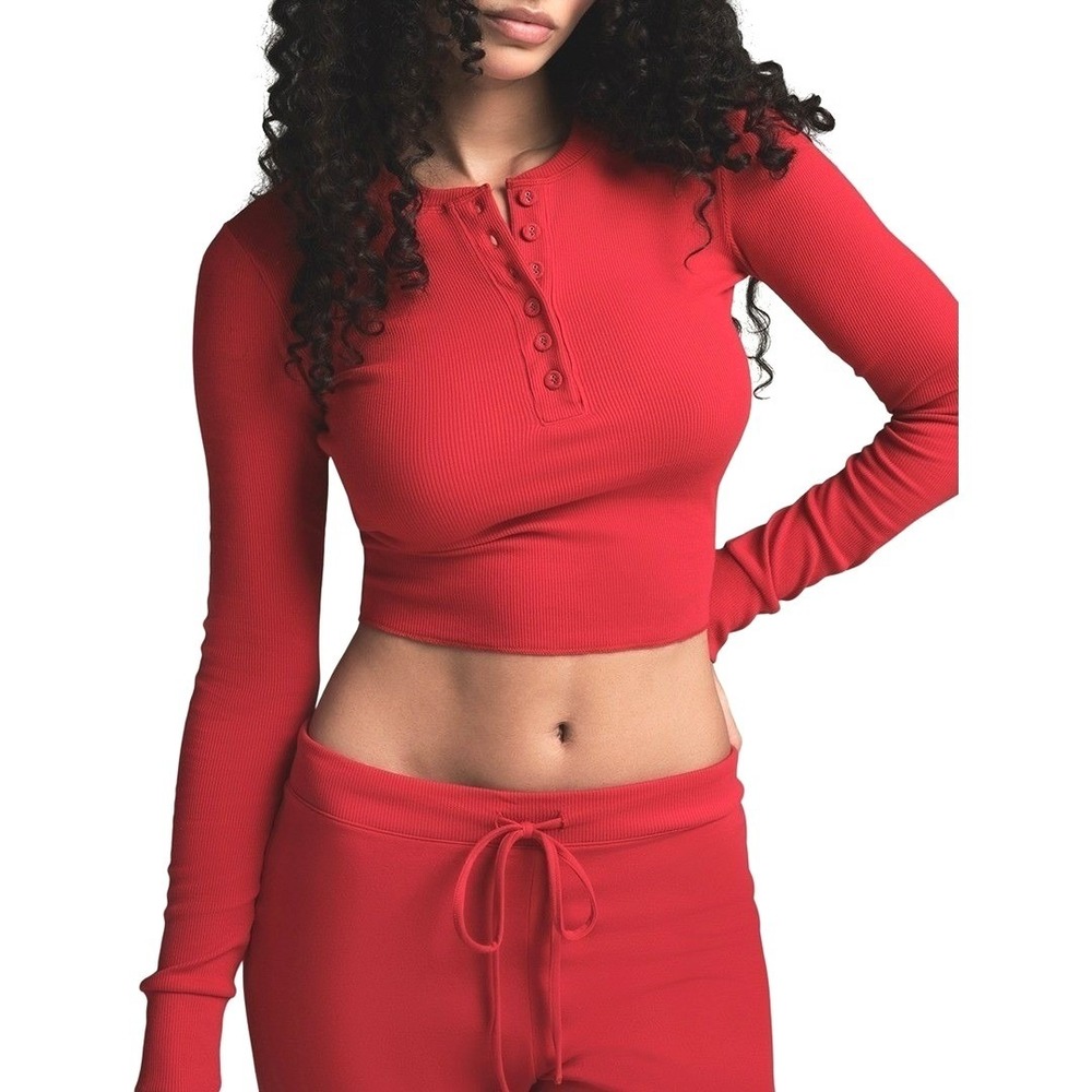SKIMS Womens Cotton Rib Long Sleeve Henley‎ Crop Top Size 2X Red NWT